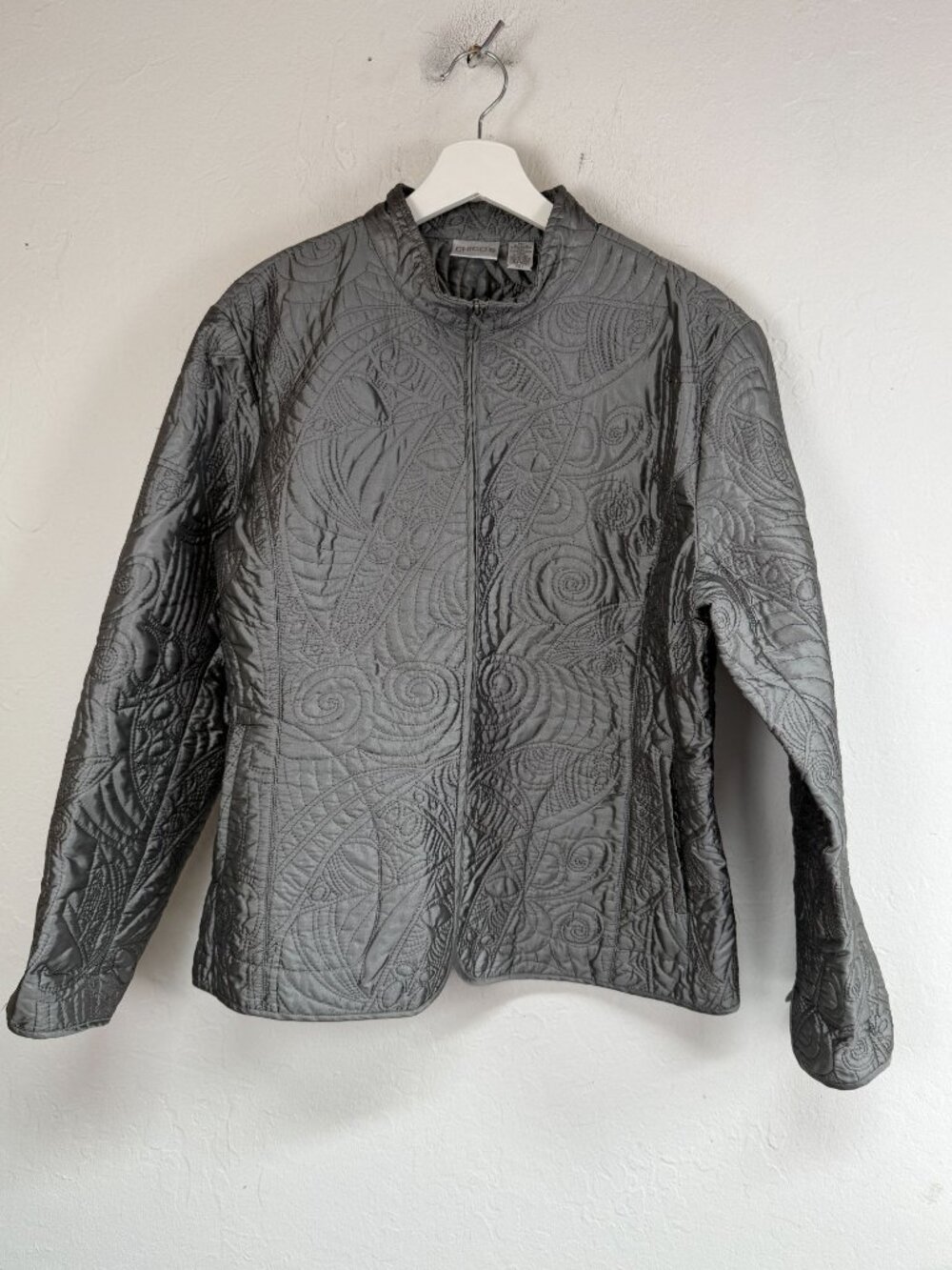 Chico's Women's Gray Quilted Embroidered Metallic Jacket Zip Front Size 3 (XL)
